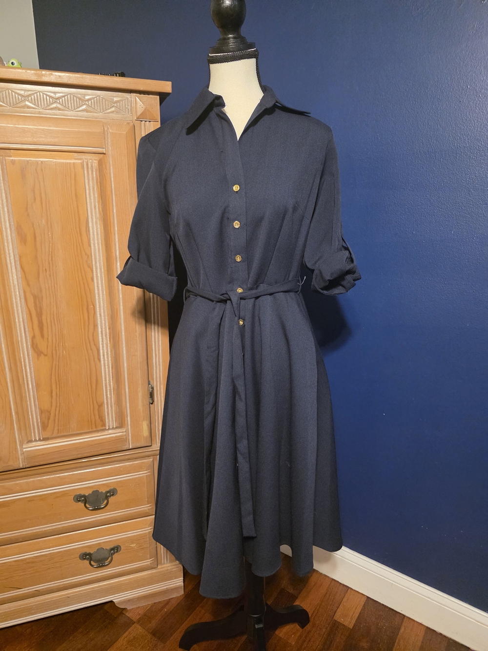 Sharagano Navy Button-Front Shirt Dress with Self Tie